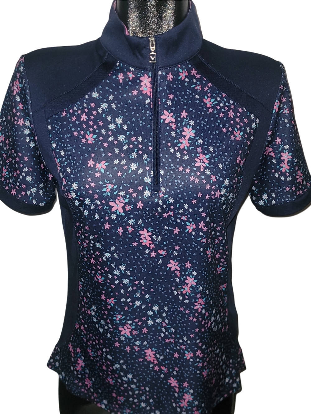 Callaway Navy And Pink Floral Quarter-zip Short Sleeve Polo Top L
